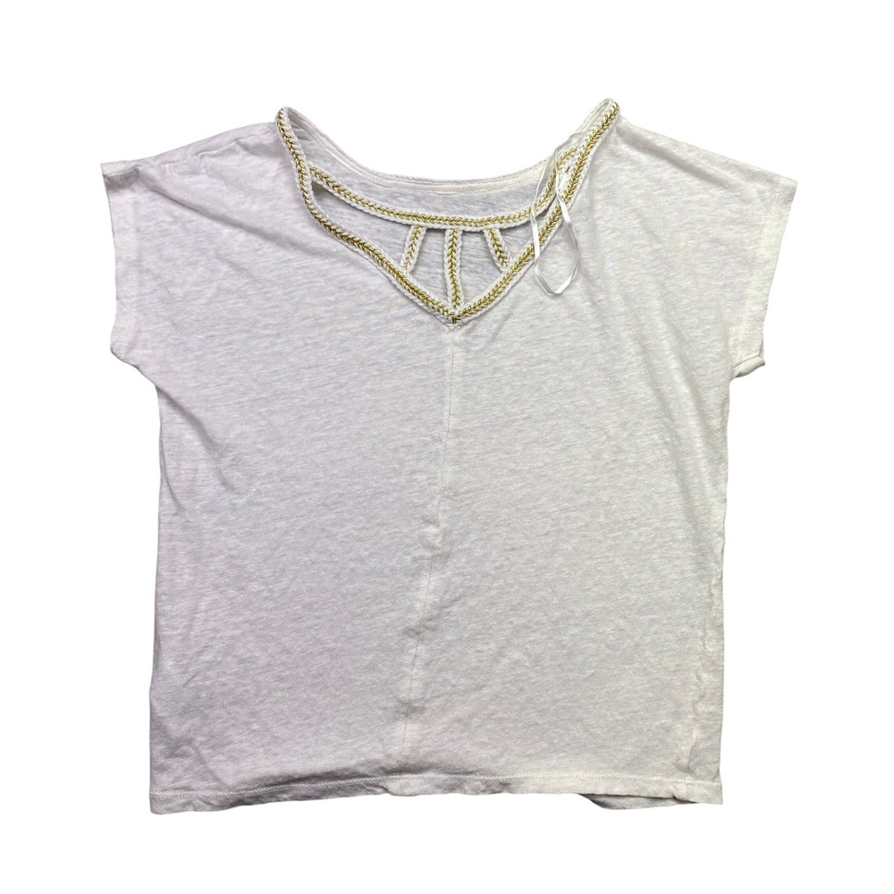 Monsoon White Linen V Neck Tee Shirt With Gold Trim Detail Size S Boho Grunge